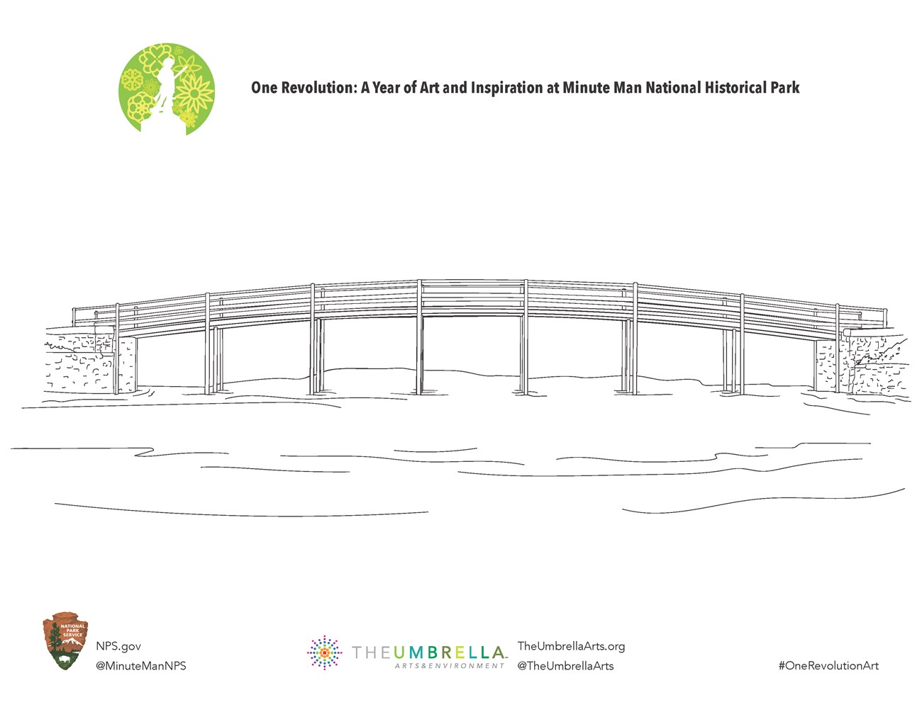 A basic coloring book outline of the North bridge featuring the concord river, the stone embankments, and the wooden bridge.