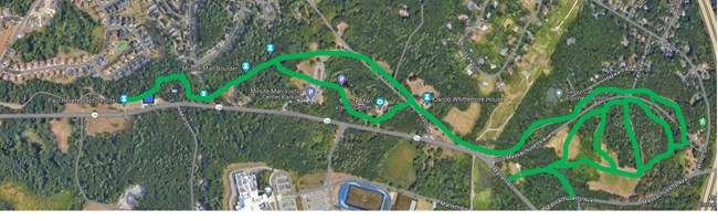 Improved park trail is open from Paul Revere Capture Site to Fiske Hill loop trail Green line across map indicates trail openings from Paul Revere Capture Site to Fiske Hill loop trail