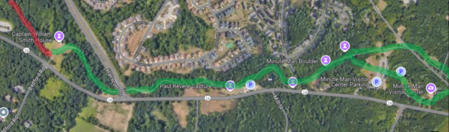Trail open from Paul Revere to Smith House Map of Battle Road Trail from Paul Revere Capture Site to Smith House. Trail is marked green for open and red for closure.