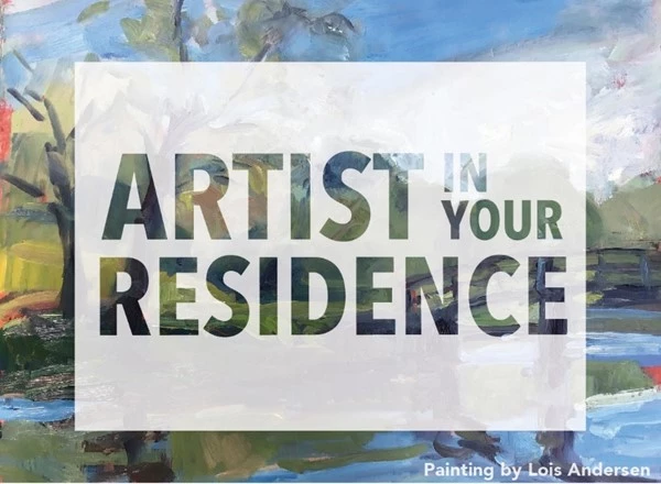 Artist in your residence A painting of a wooden bridge and tree with the words Artist In Your residence overtop