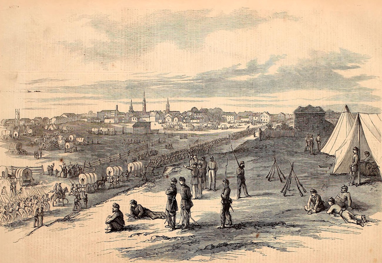 Sepia toned drawing of soldiers and wagons marching into a city with onlookers.