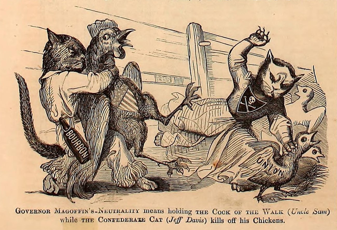A sepia toned newspaper drawing of two cats representing Confederate sympathizers killing chickens representing the Union.