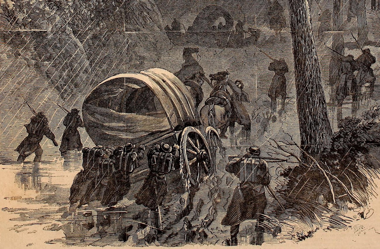 A sepia toned drawing of soldiers pushing wagons in the rain.