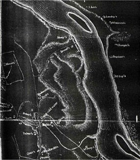 An old white on black map of the area on which the Bureau of Mines would be located.