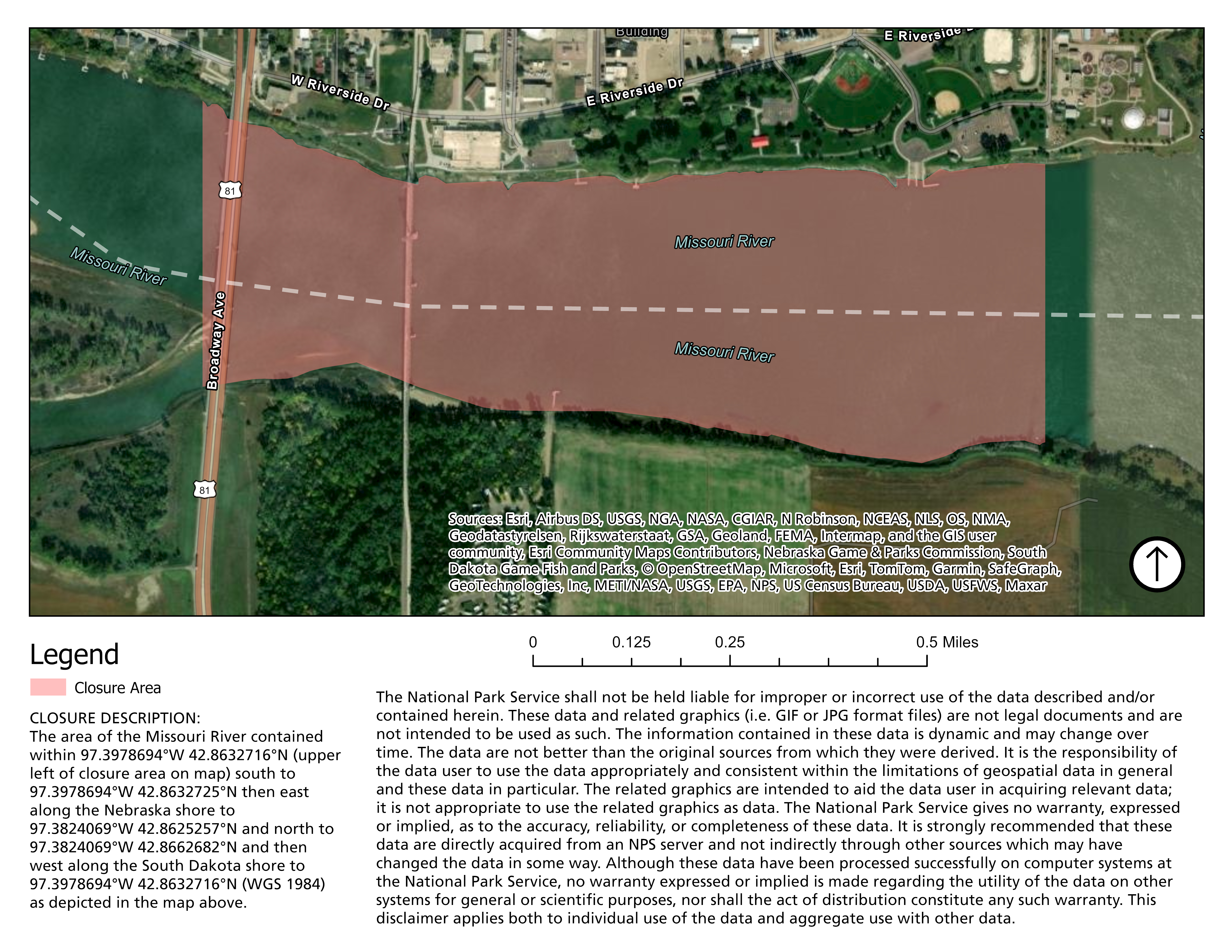 A map of the Missouri River showing the closure area in red.