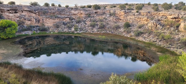 a large sinkhole filled with blue water surrounded by reeds with a few ducks swimming on the water
