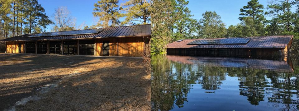 Two photos showing a building surrounded by wooded areas on the left and the same building standing in flood waters nearly reaching the roof line.