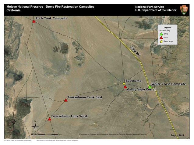 Recommended Camping Locations Map: Cima Dome CLosed, Valley View Basecamp in Center, Rock Tank, Corral, White Cross Campsites