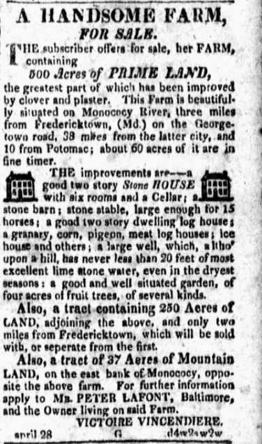 An 1820s newspaper advertisement to sell L'Hermitage.