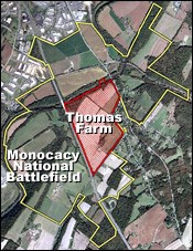 Aerial photo showing boundaries of Thomas Farm