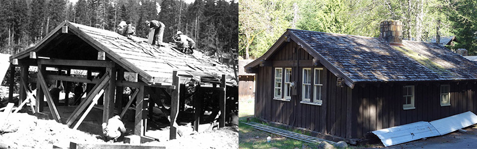 Two photos; left: black and white photo of CCC workers constructing a cabin; right: the cabin today.