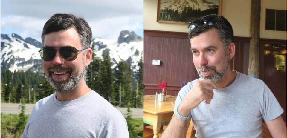 Two images of a man with a greying beard and dark hair wearing a grey t-shirt.