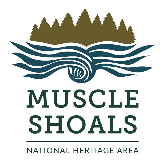 The Muscle Shoals National Heritage Area logo showing a blue-green graphic design and silhouette of a tree line.