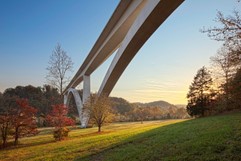 White arched bridge spanning valley with grass and trees in fall