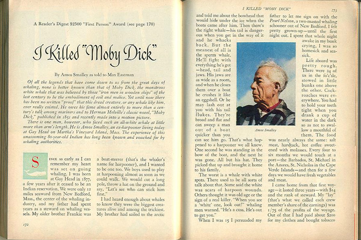 Copy of Reader's Digest article, "I killed Moby Dick" with a side-profile photo of Amos Smalley.