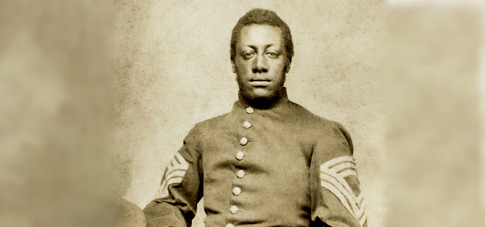 Edited portrait of Lewis Douglass in Union Army attire.