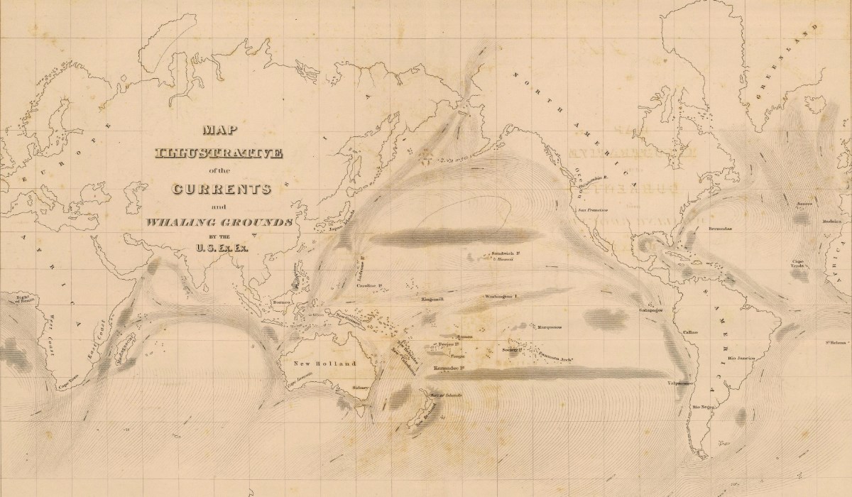 1845 world map of whaling grounds and currents.