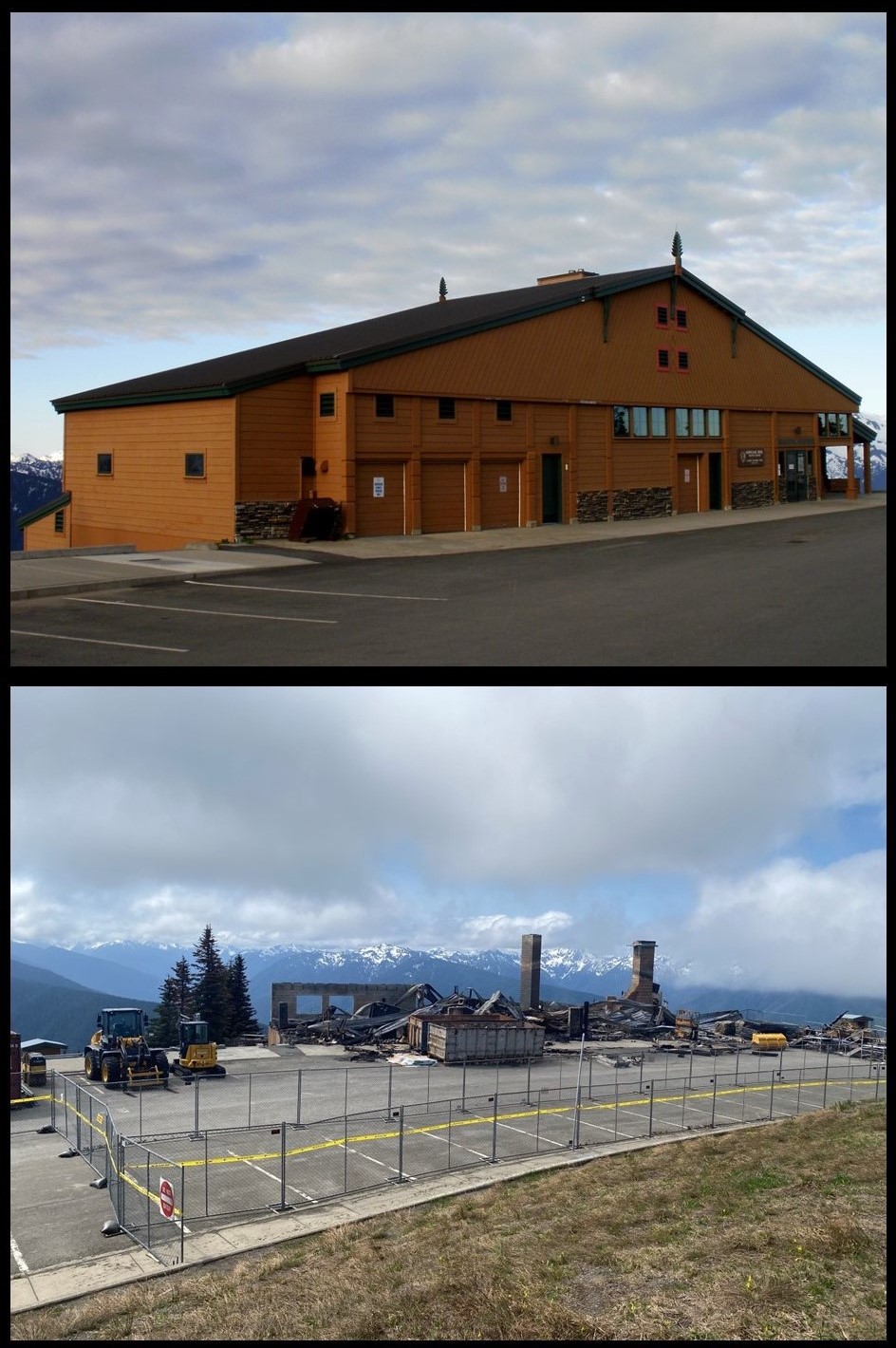 Top image: Hurricane Ridge Day Lodge Bottom Image: burned debris after fire