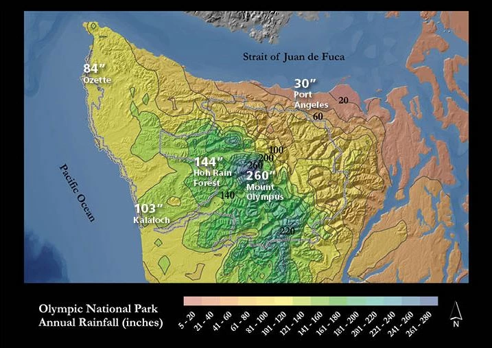 Precipitation on the Olympic Peninsula. The west side of the peninsula is much wetter than the east side! Precipitation Map for Olympic Peninsula