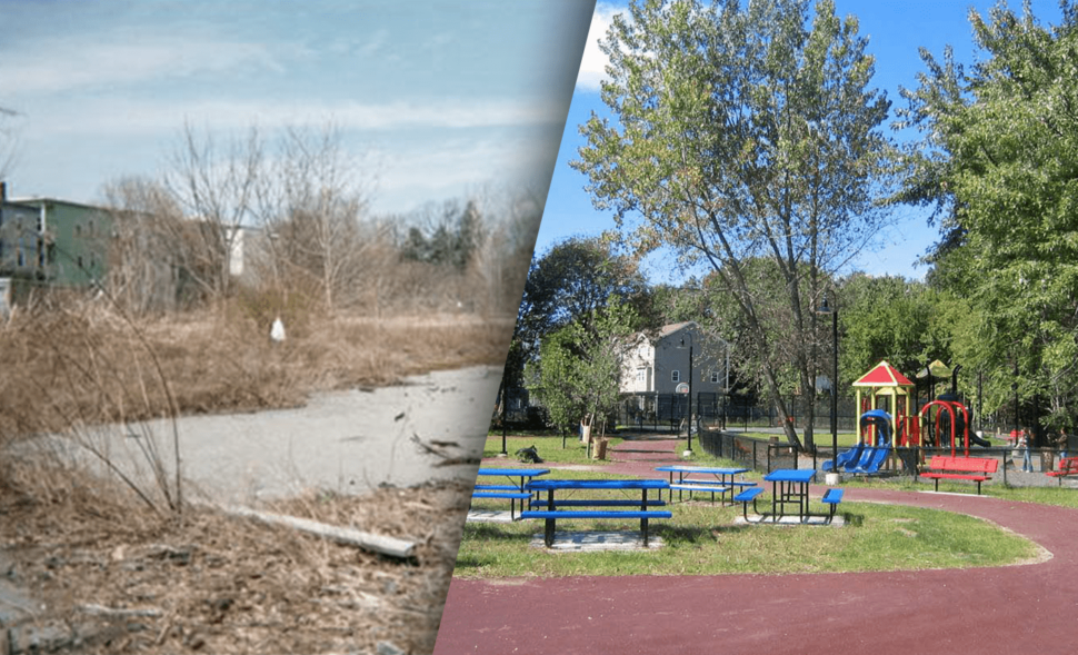A before and after collage showing abandoned pavement overgrown with vegetation on the left and a landscaped picnic area and playground on the right