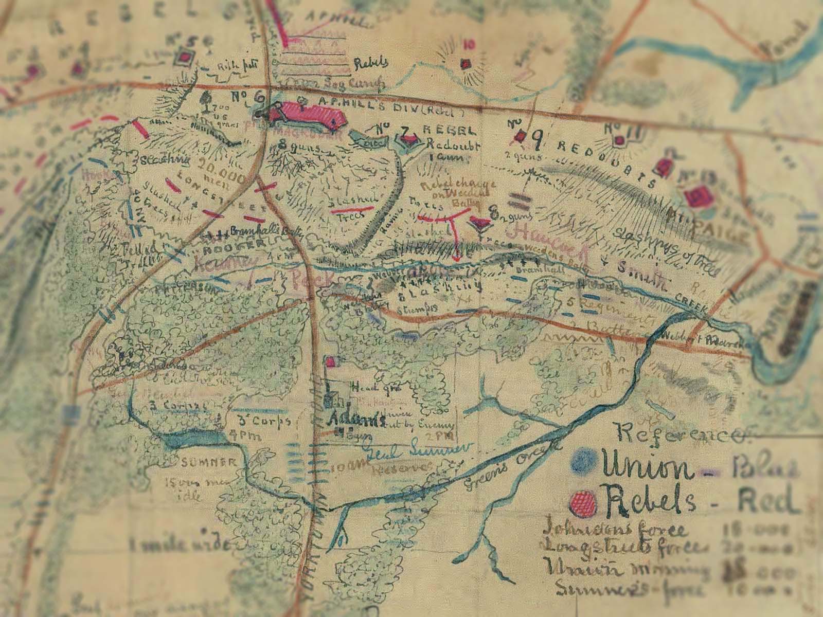 Hand-drawn map of Williamsburg battle shows Red lines for “Rebel” troop and blue lines for Union.