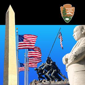 NPS logo with Washington Monument, US Marine Corps War Memorial and Martin Luther King, Jr. Memorial