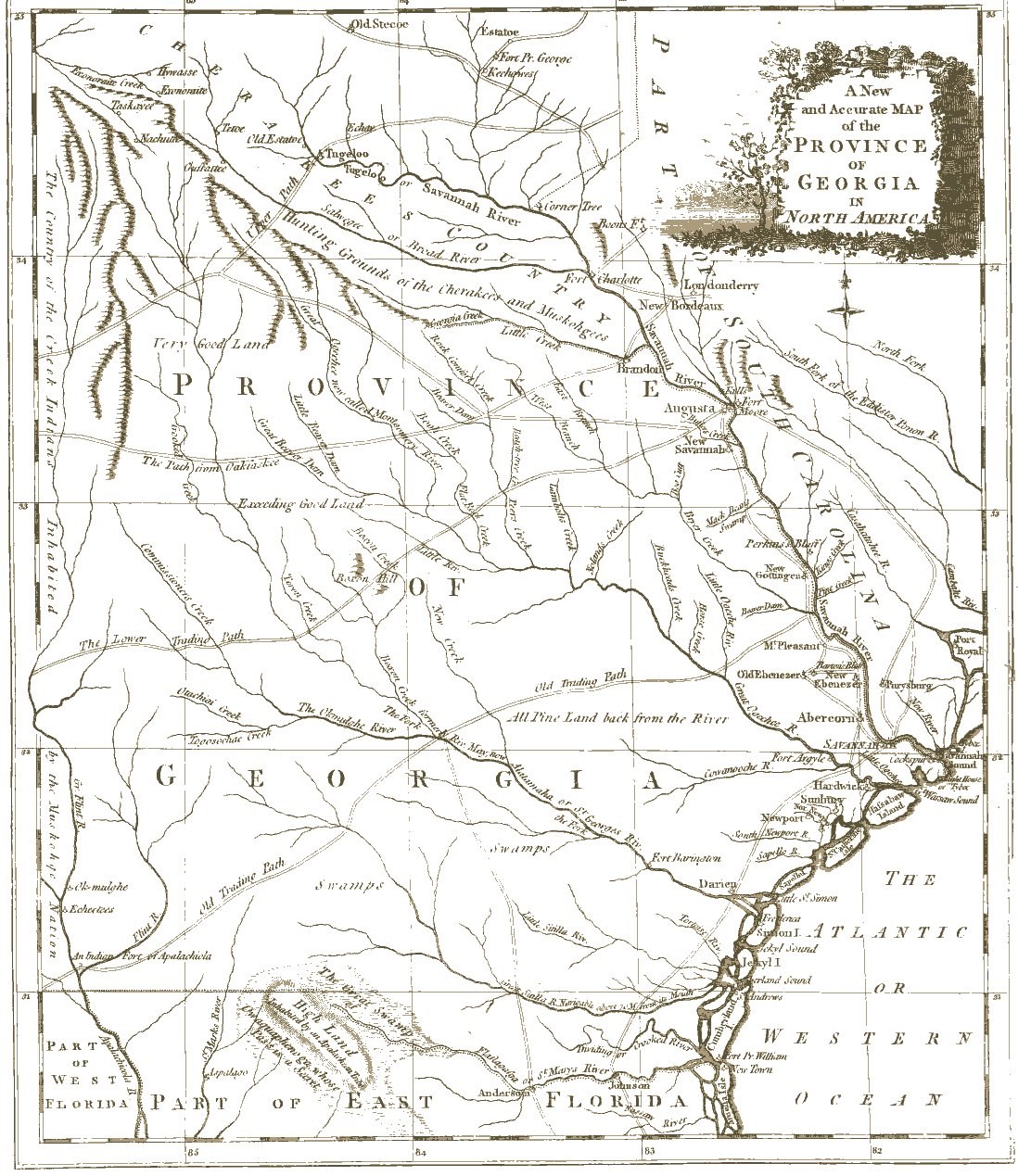 Image 7. Anonymously prepared map published in The Universal Magazine in 1779 indicating locations of trading paths (courtesy of Alabama Historical Map Archive and Rucker Agee Map Collection)