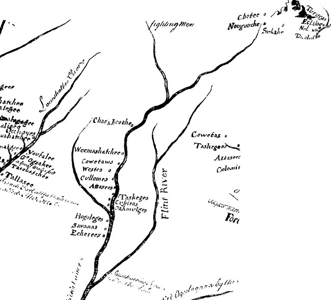 Image 9. Locations of Lower Creek Towns along the Chattahoochee and Flint Rivers on the Herbert map of 1725 (courtesy of Florida State University Library)