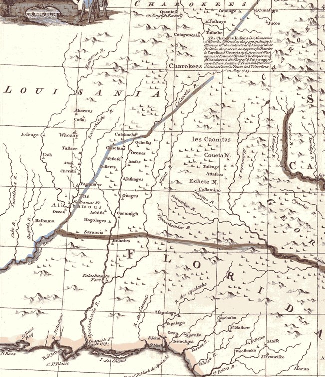 Image 10. Portion of the Emanuel Bowen map of 1747 placing the Cherokees at the headwaters of the Chattahoochee River (courtesy of Alabama Historical Map Archive and Rucker Agee Map Collection)