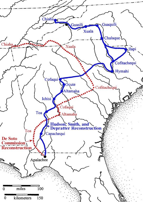 Image 2. Comparison of reconstructed route of De Soto through South Carolina by Hudson, Smith, and Depratter (1984:Figure 1) to earlier reconstructed route by the De Soto Commission (Swanton 1939) (Adapted from a map provided courtesy of Julie B. Smith) Image 2. Comparison of reconstructed route of De Soto through South Carolina by Hudson, Smith, and Depratter (1984:Figure 1) to earlier reconstructed route by the De Soto Commission (Swanton 1939) (Adapted from a map provided courtesy of Julie B. Smith)