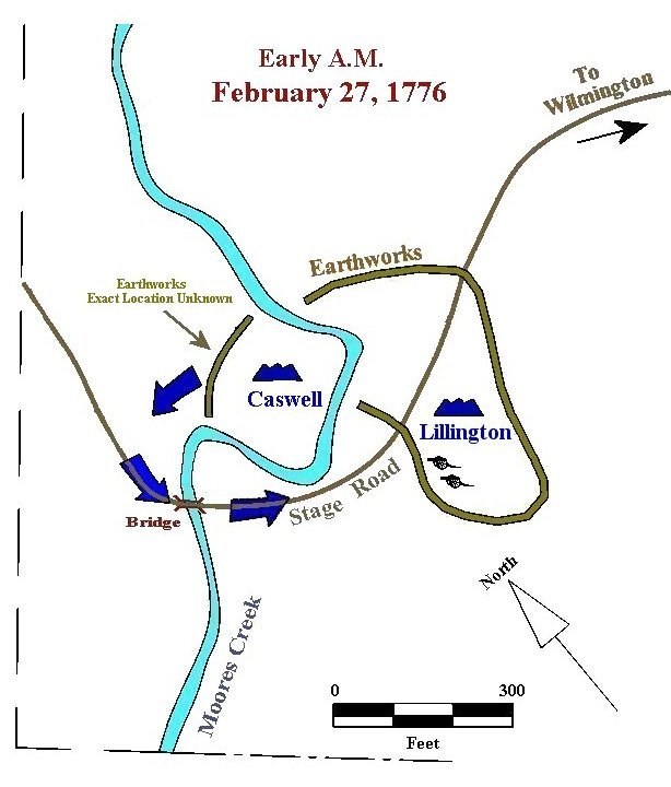 Image 4. Map showing Caswell's men crossing the bridge to join Lillington's forces on the east bank of Moores Creek before sunrise on the morning of February 27, 1776.