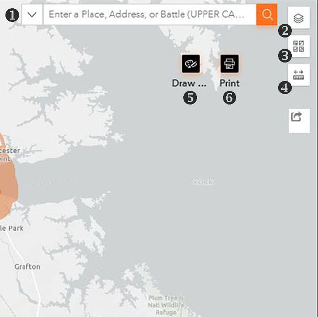 Battlefield Boundaries Map Key A gray map with a key that shows how to search, navigate, and print the map.