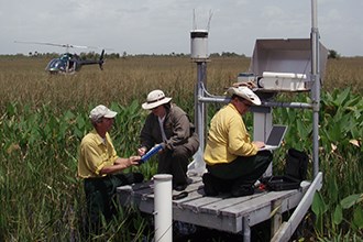 Scientists on a platform conduct studies in a swampy area while a helicopter waits nearby.