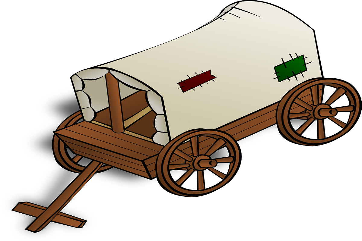 a cartoon drawing of a covered pioneer wagon