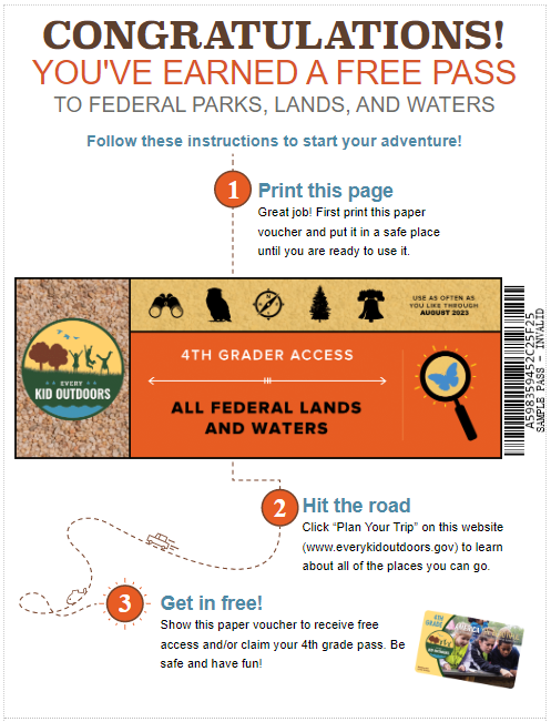 Flyer showing a sample Every Kid Outdoors voucher, redeemable for a hard pass & free entry into federal lands