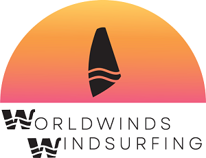 A logo showing a windsurfing sail and the sun setting over the water.