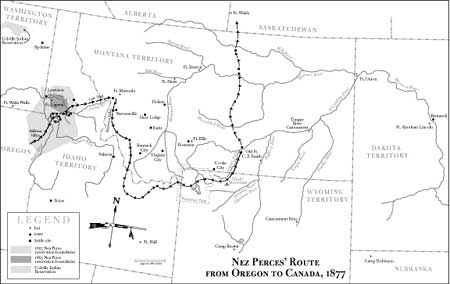 map of the Nez Perce's Route from Oregon to Canada