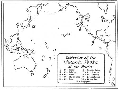 map showing 11 volcanic peaks around the Pacific Rim