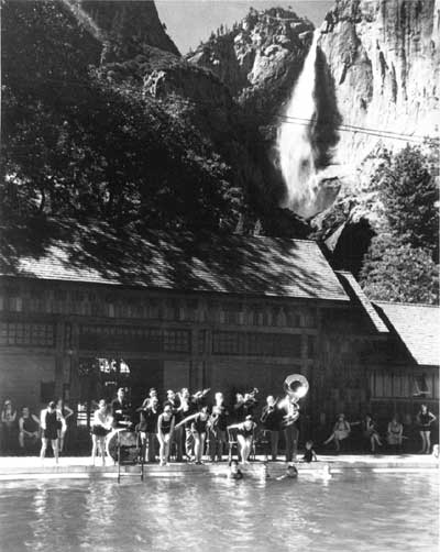swimmers, band, with falls in background