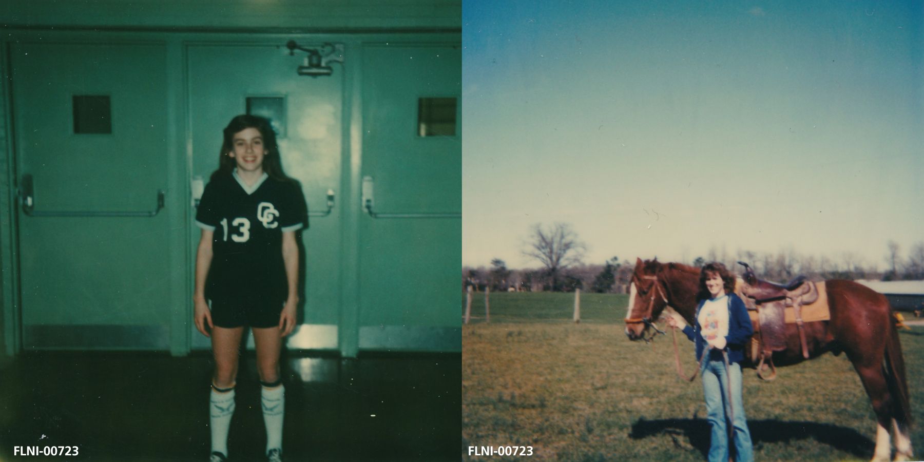 Sandy Bradshaw Left image shows Sandy in high school sports uniform. Right image shows Sandy standing next to a horse in a field