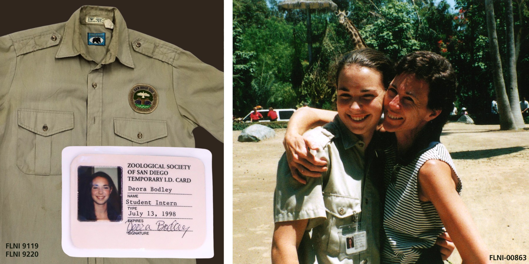 Deora Frances Bodley at the San Diego Zoo A photo of a tan uniform shirt and a photo of a badge. Right image shows Deora and mother smiling with a giraffe in the background.