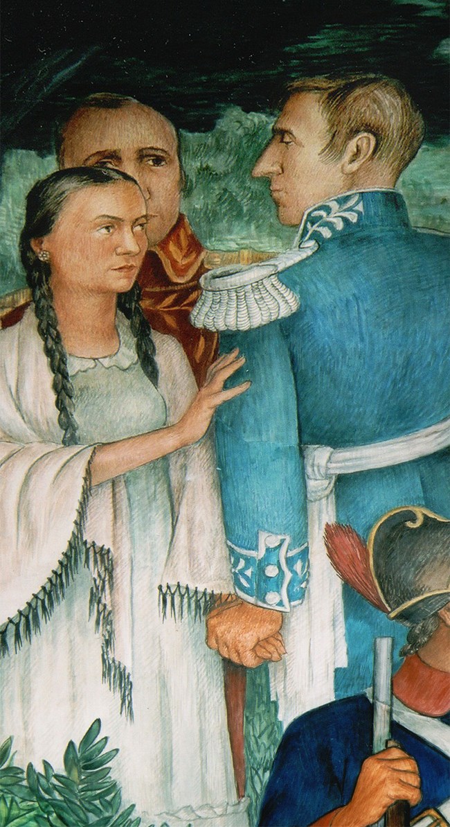 Concepcion Arguello and Nikolai Rezanov as depicted on a mural in the Post Interfaith Chapel.