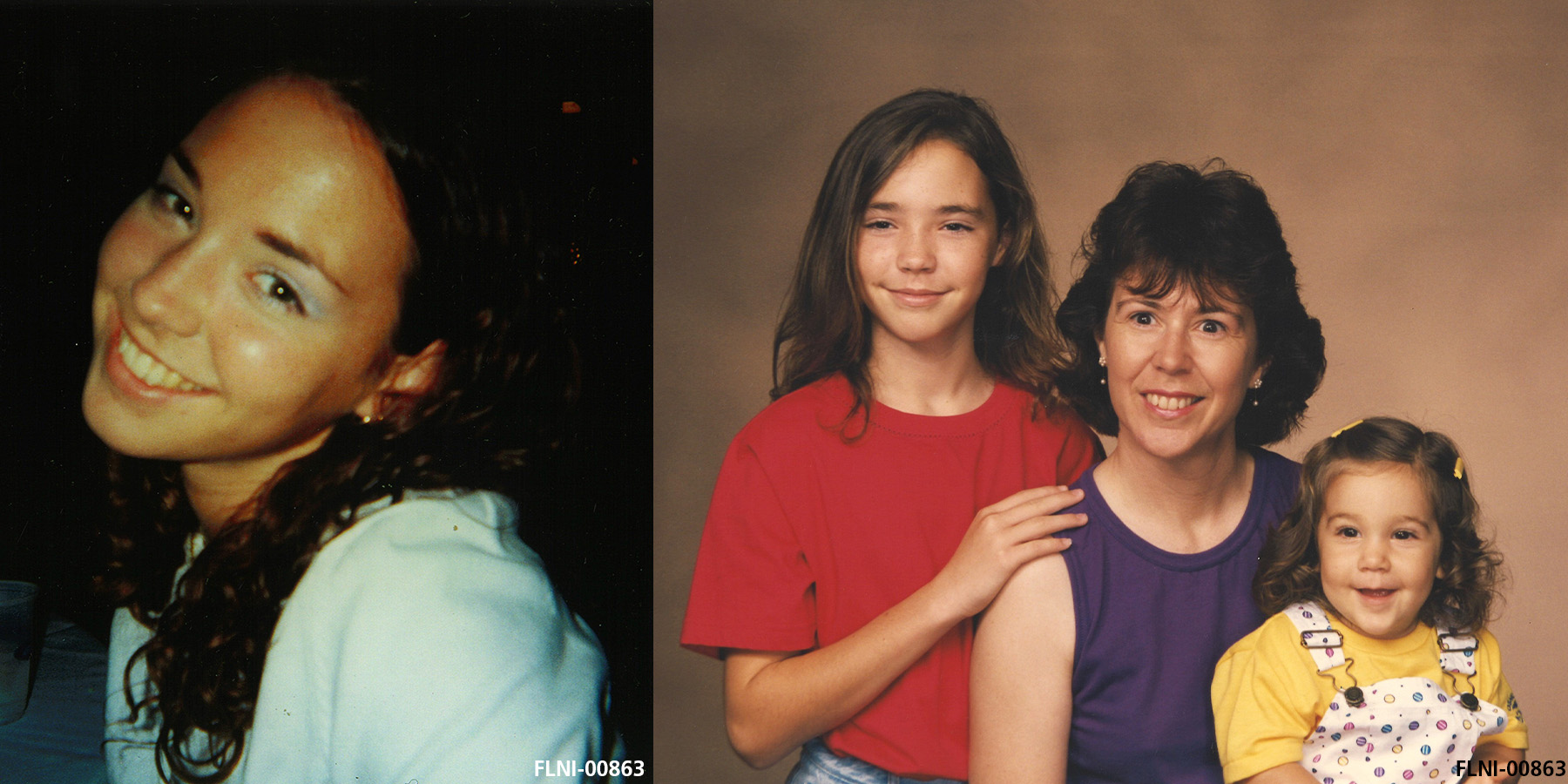 Photos of Deora Frances Bodley left image shows a girl wearing blue eyeshadow and blue jacket smiling at the camera. Right image shows two young children and mother smiling.