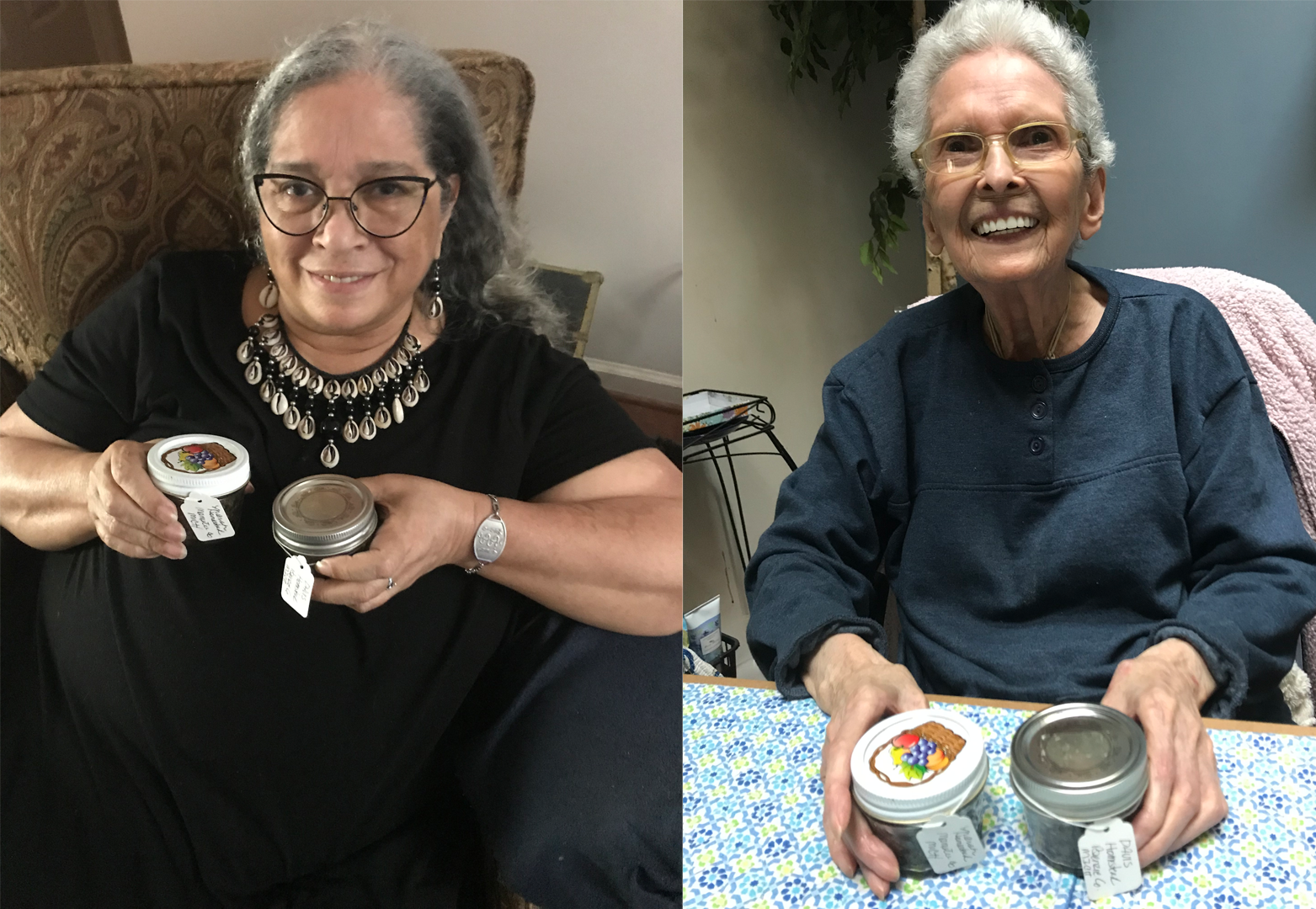 Story contributor and her 91 year old mother hold jars of dirt from the family homestead.