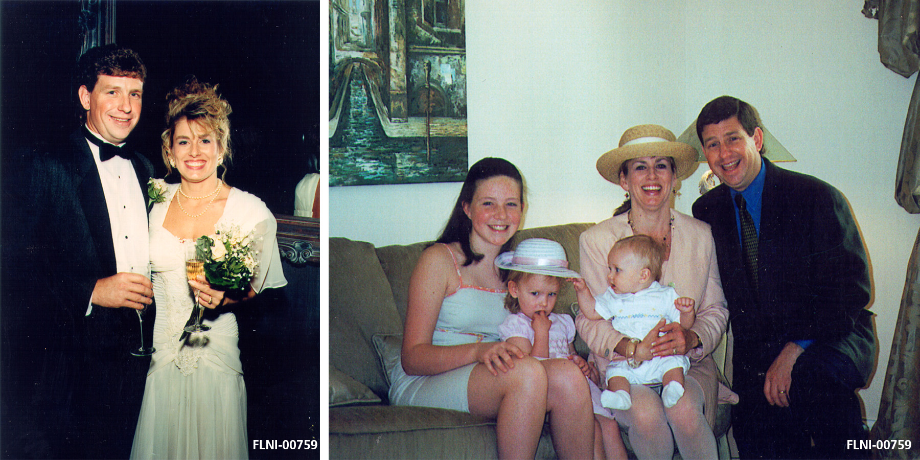 Sandy Waugh Bradshaw and family Left image shows man and woman on their wedding day. Right image shows Sandy smiling with her 3 children and husband.