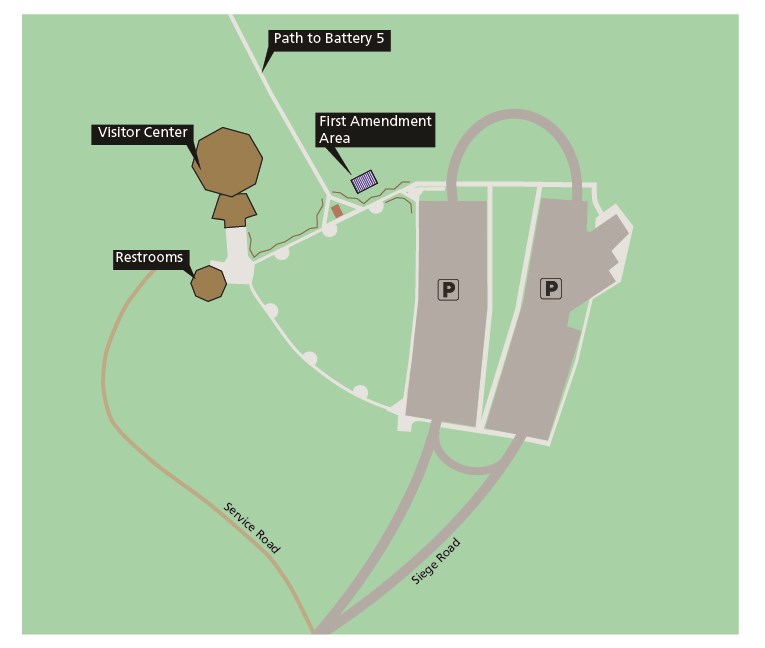 Map of area around visitor center with a blue and white rectangle along sidewalk between visitor center and parking lot.