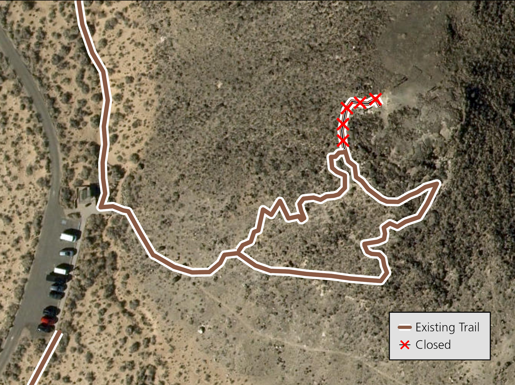A bird's eye view of Mesa Point trail. The northwestern spur of the trail has red x's on it.