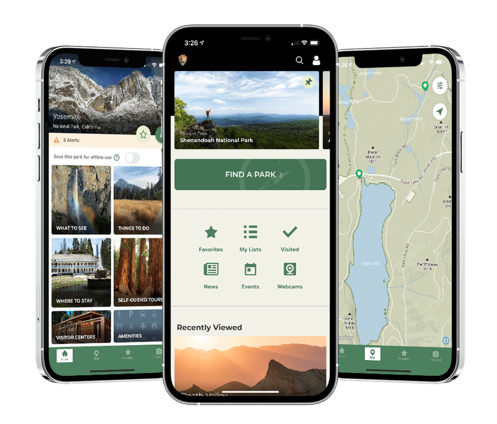 Three phones showing different tabs on the NPS app. The leftmost shows action options for Yosemite National Park, the middle phone shows the homepage for Shenandoah National Park, and the right phone has a map.