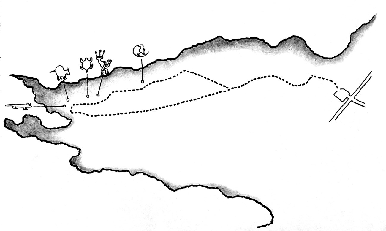 Black ink drawing of trail route in Rinconada Canyon