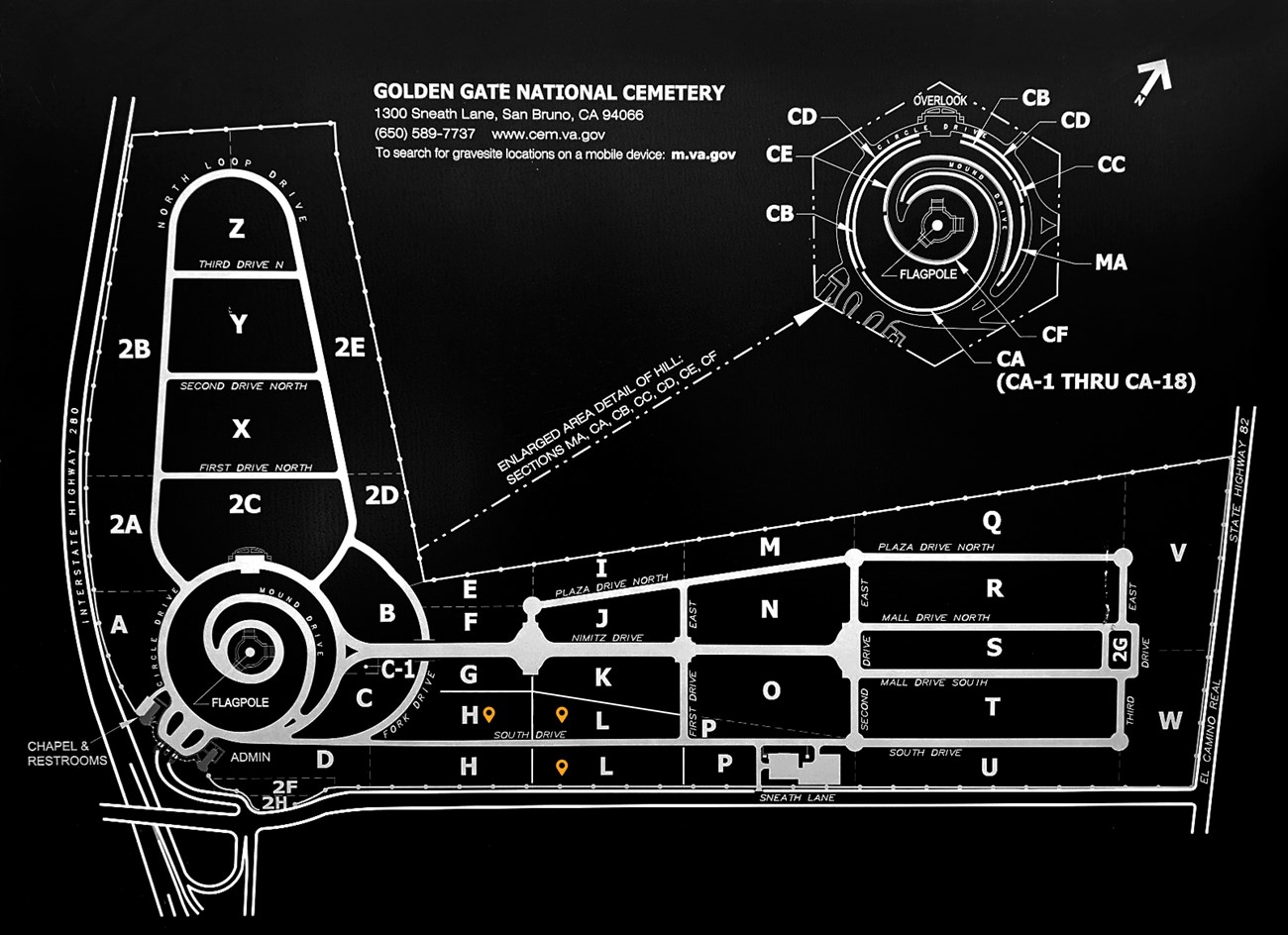 An illustration the grounds maps of the Golden Gate National Cemetery.